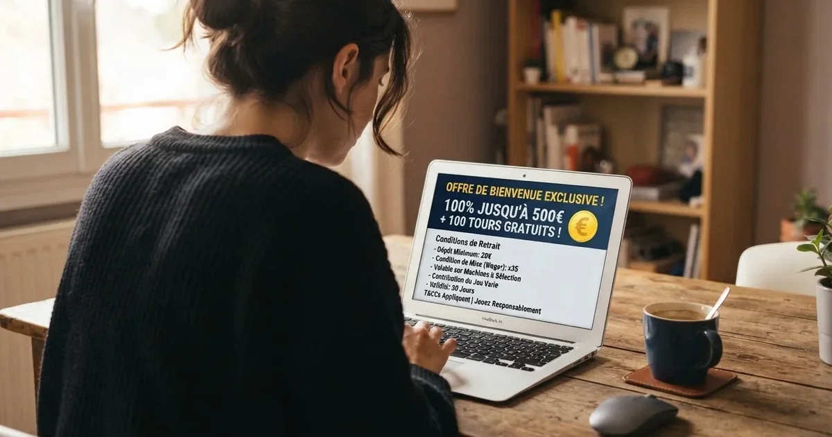 Joueur consultant sur un ordinateur portable les conditions de mise et le plafond de retrait d'un bonus casino