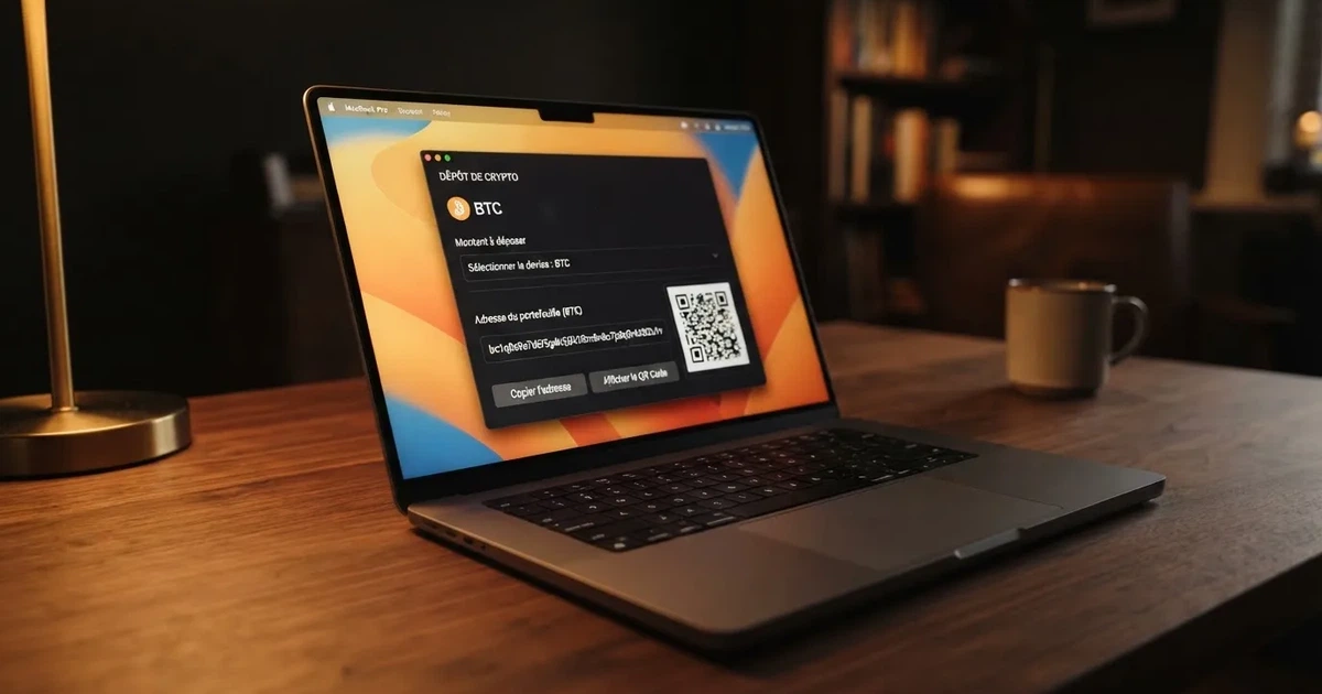 Écran de casino en ligne crypto affichant un dépôt en bitcoin sans introduire de coordonnées bancaires