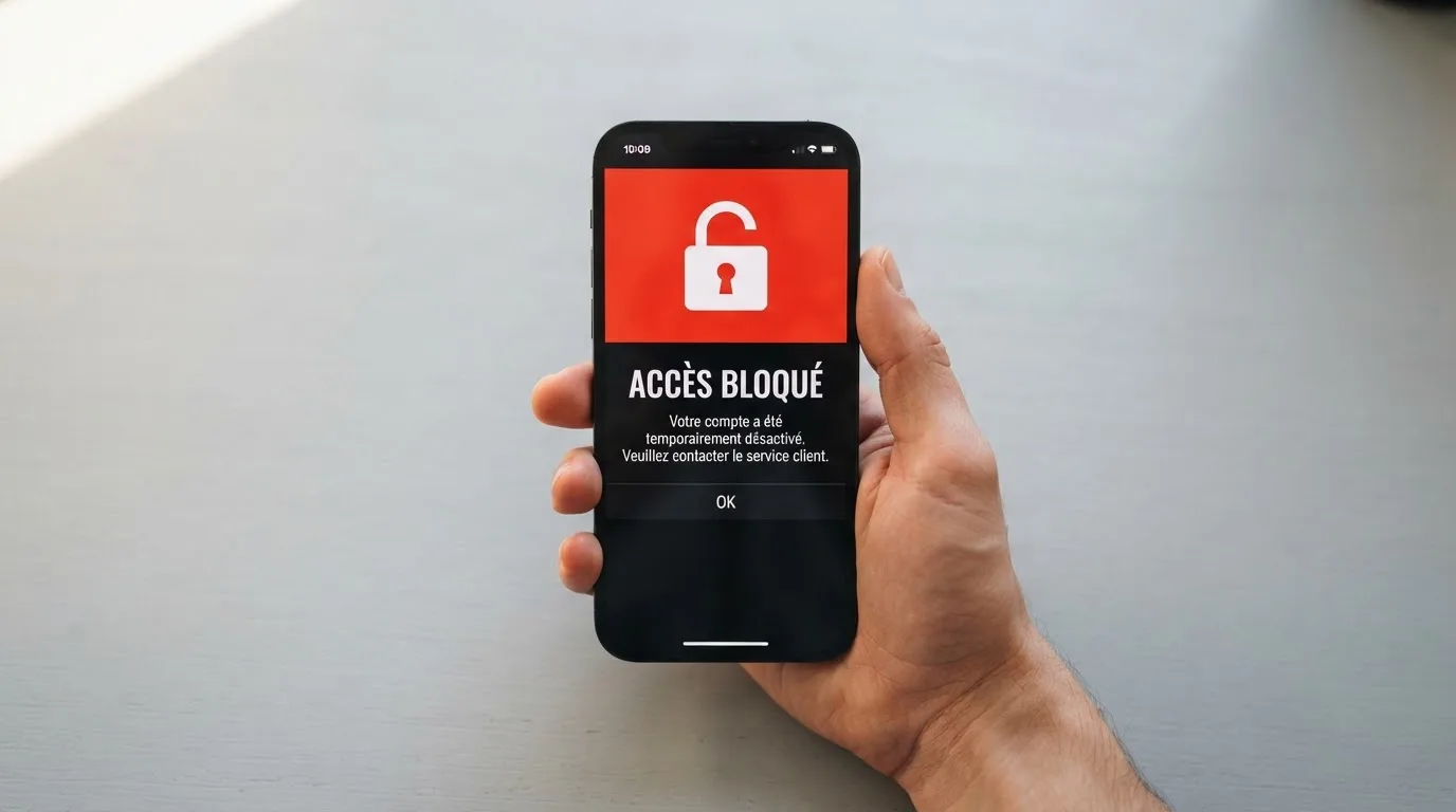 Main tenant un smartphone affichant un message d'avertissement d'accès bloqué