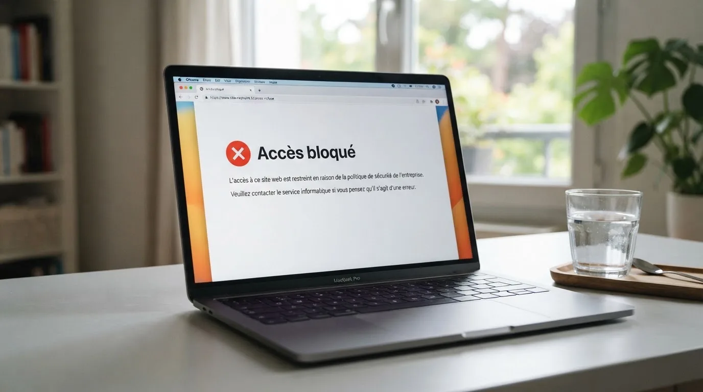 Page d'un navigateur affichant un message d'accès bloqué à un site de jeu, symbolisant le blocage administratif