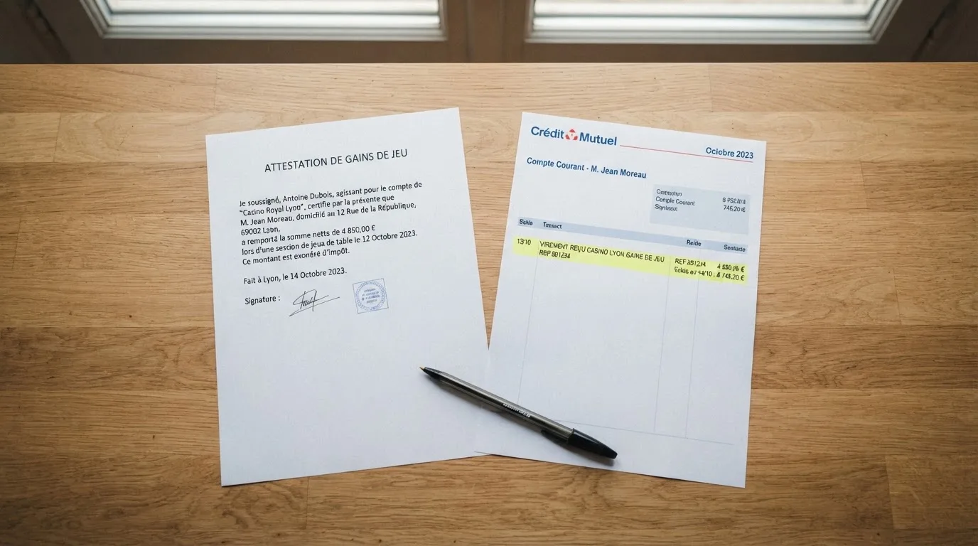 Document d'attestation de gain posé à côté d'un relevé bancaire sur un bureau