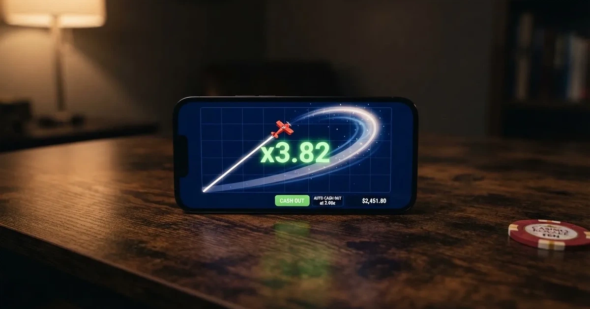 Un avion stylisé qui décolle sur l'écran d'un jeu de casino, un compteur de multiplicateur affiché en hausse à côté
