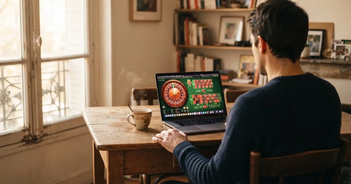 Un joueur français consulte sur un ordinateur portable un comparatif de casinos en ligne, l'écran affichant un tableau de classement 2026.