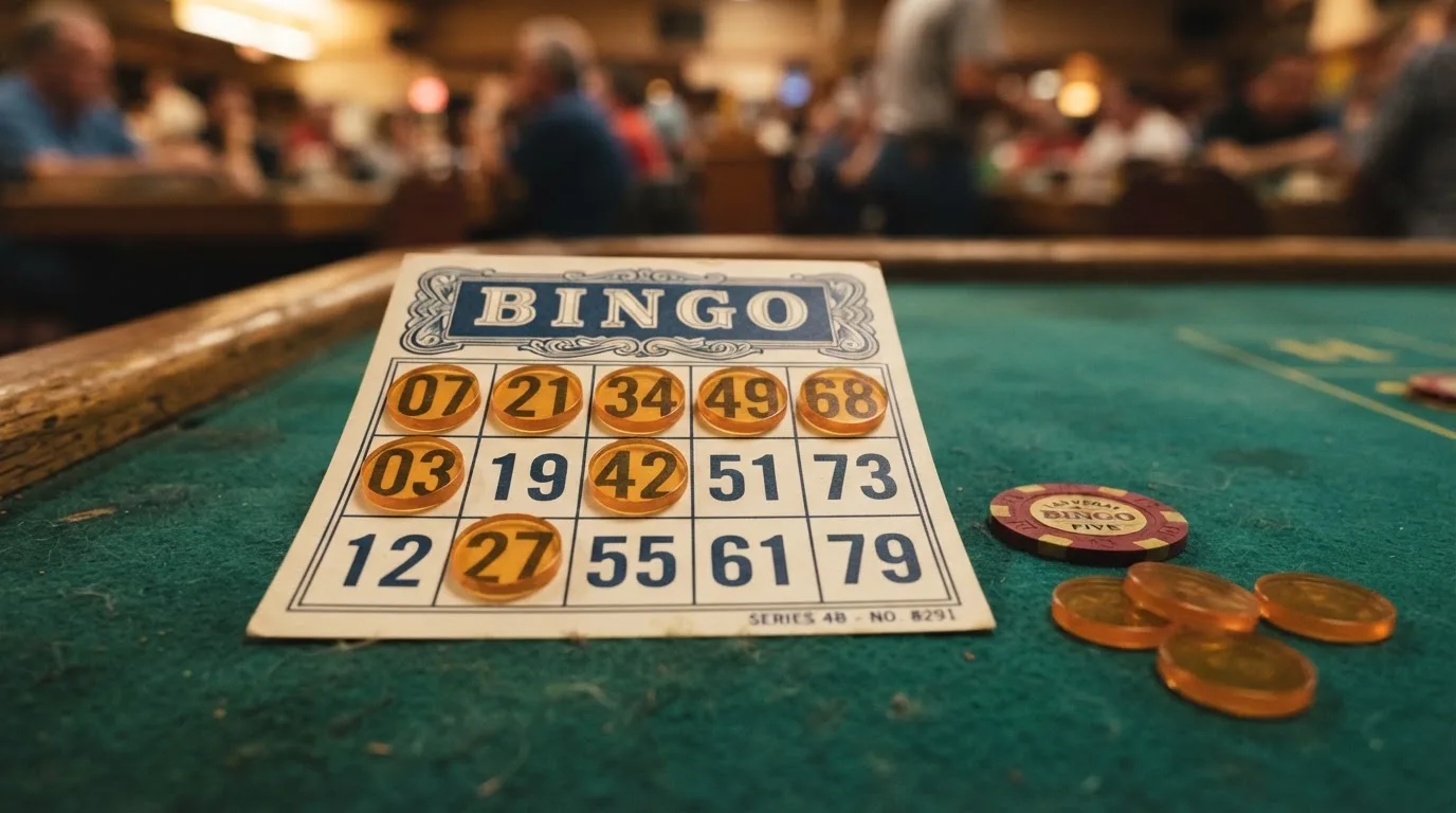 Grille de bingo avec un carton 3 lignes sur 9 colonnes et des jetons numérotés posés dessus