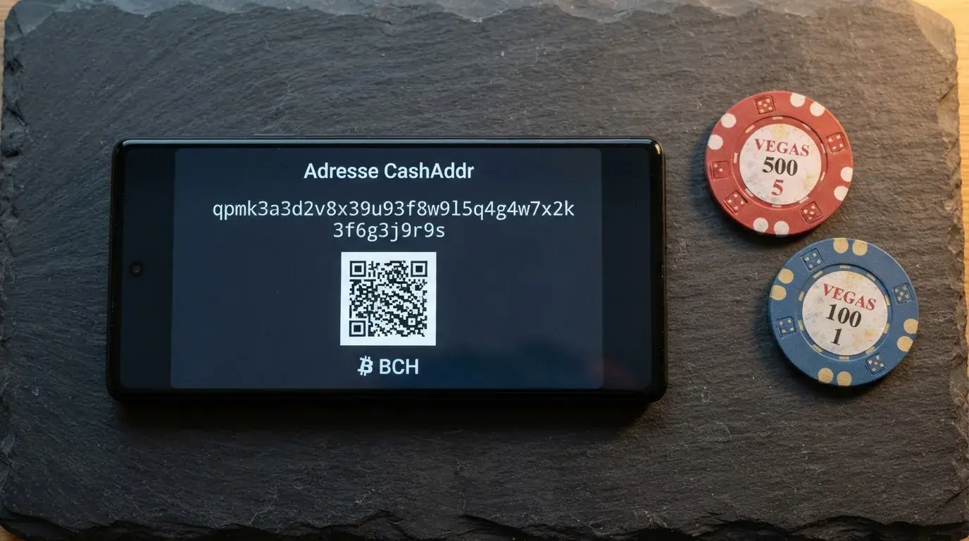 Gros plan sur une application de portefeuille crypto affichant une adresse Bitcoin Cash au format CashAddr commençant par la lettre q, sur fond de pièces BCH.