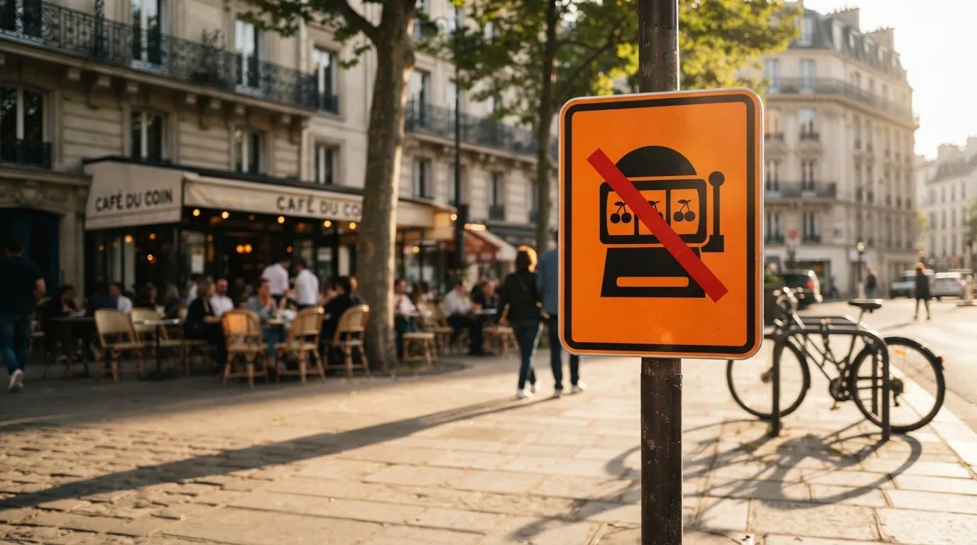 Panneau d'avertissement stylisé évoquant l'interdiction des jeux de casino en ligne en France