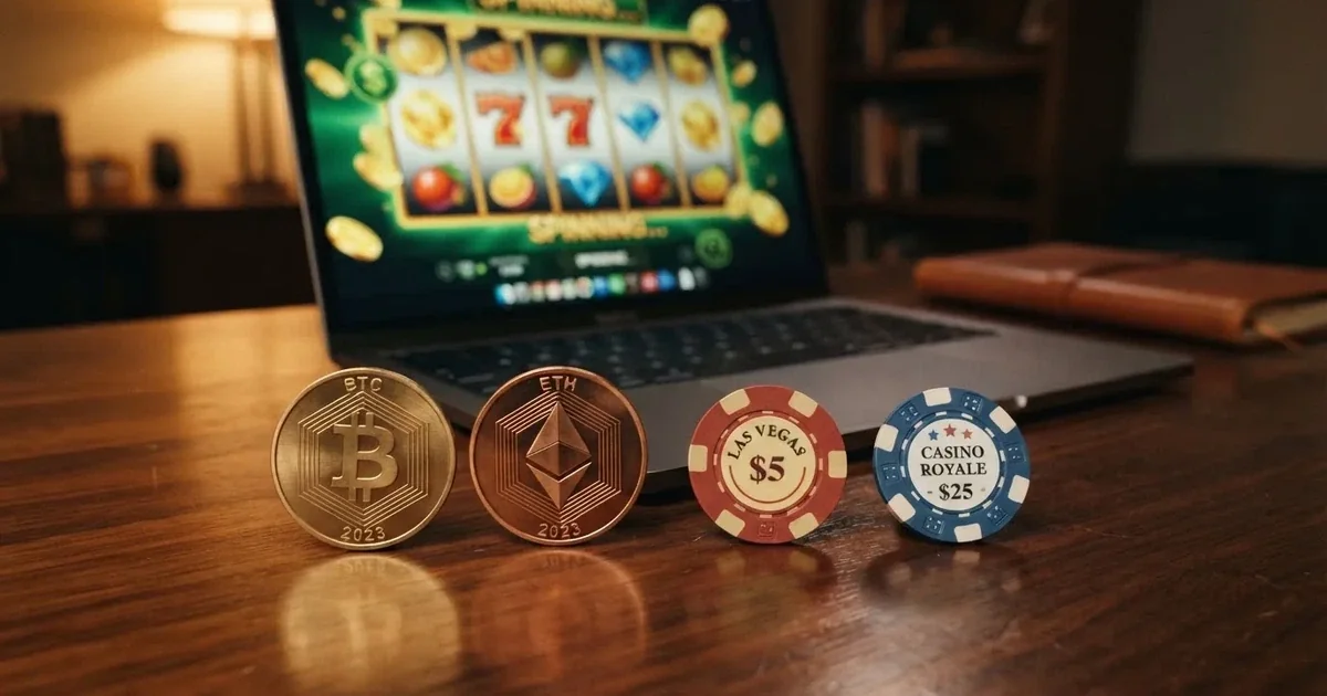 Pièces physiques et jeton numérique Cardano (ADA) posés à côté d'un écran affichant un casino en ligne