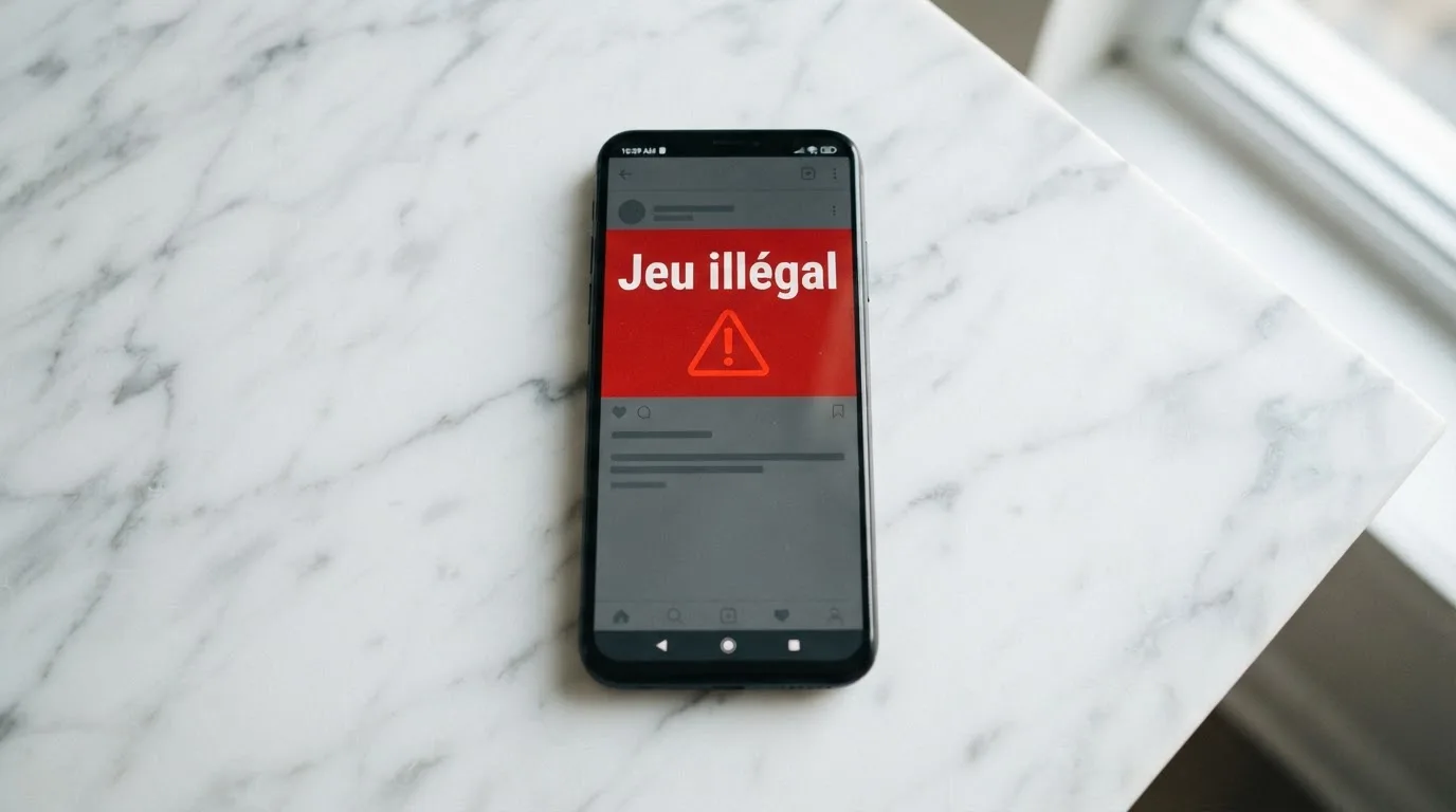 Écran de smartphone affichant un avertissement officiel sur les jeux d'argent illégaux en ligne en France
