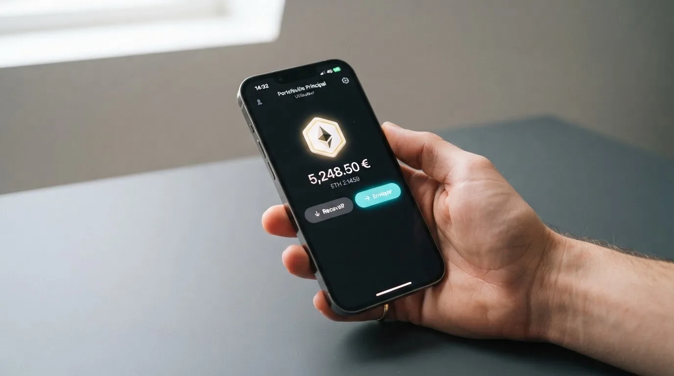 Portefeuille numérique affichant un solde en cryptomonnaie prêt à être transféré vers un compte de jeu