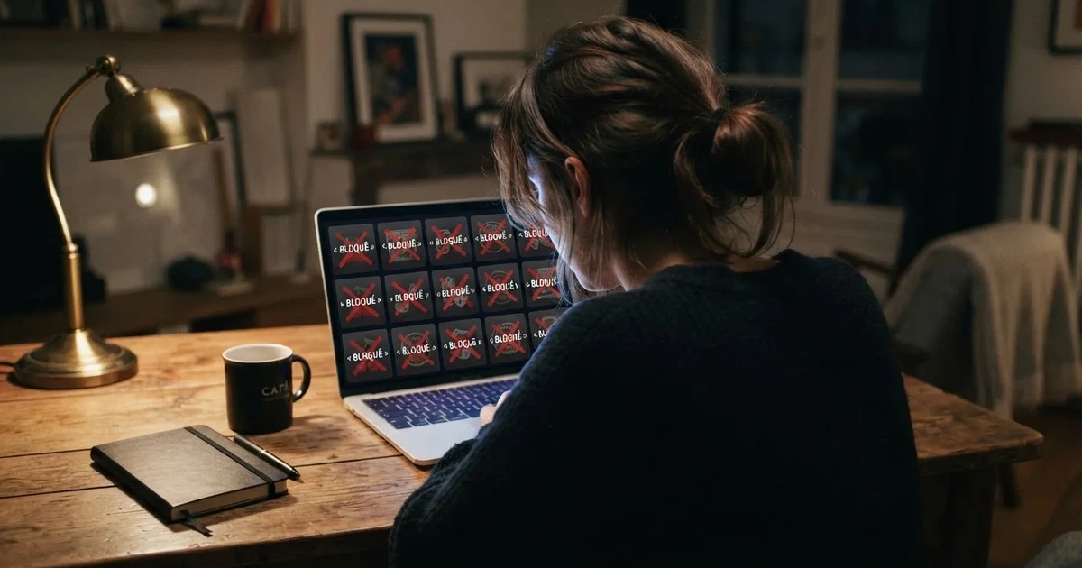 a French player looking at a screen listing several offshore casino brand logos crossed out with a « blocked » ribbon