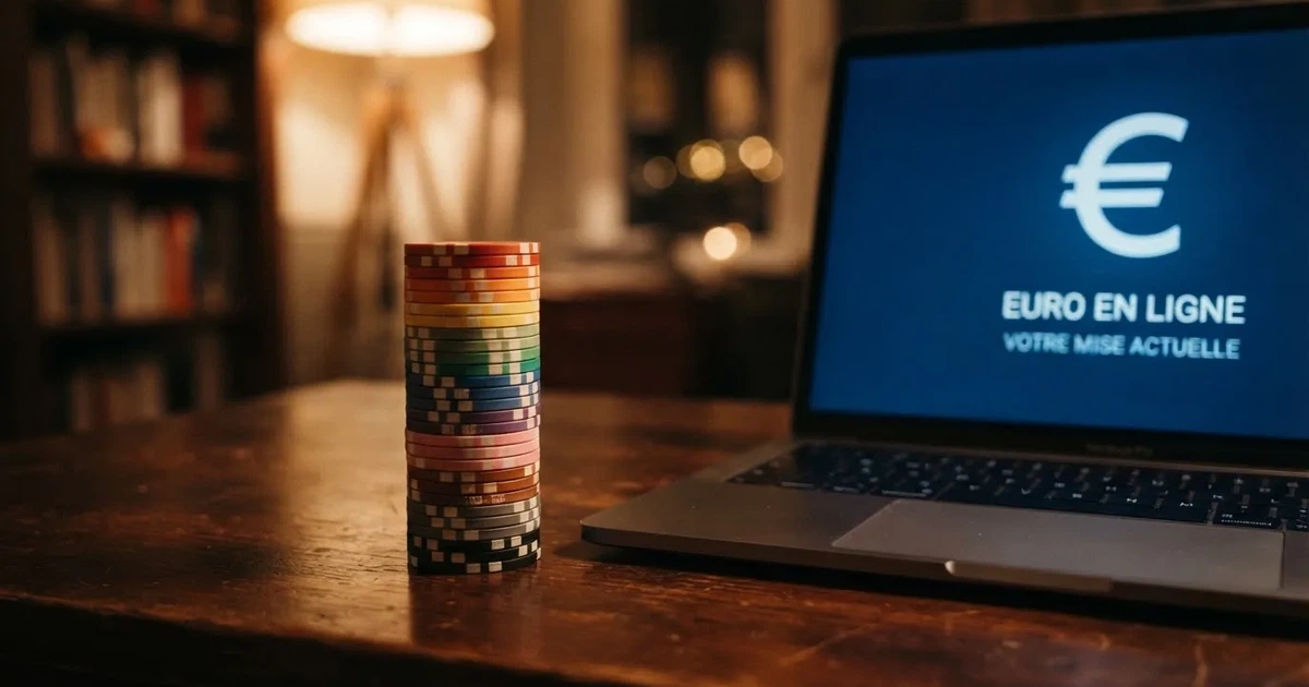 close crop of a euro-coin stack of ten one-euro coins next to a laptop showing an online casino cashier deposit screen