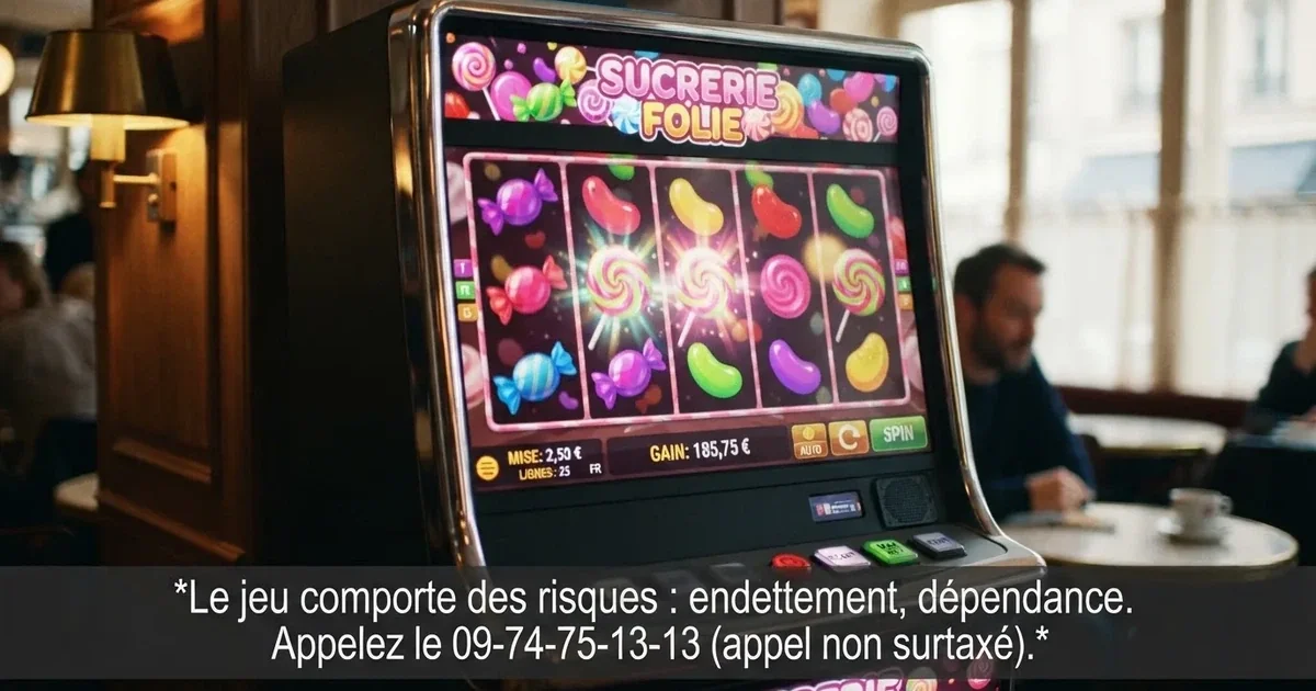 Écran de démarrage d'une machine à sous en ligne à thème confiserie, avec un avertissement de légalité affiché en surimpression
