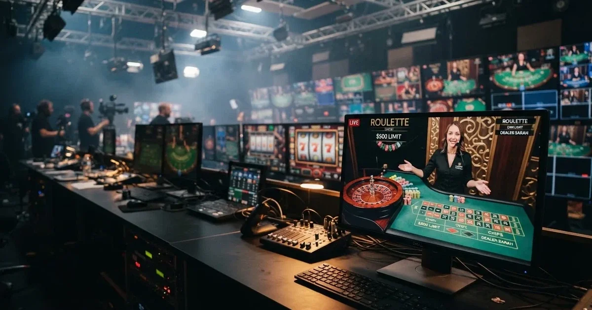 a games-technology supplier's logo wall shown behind a row of casino monitors in a broadcast studio, no brand names visible