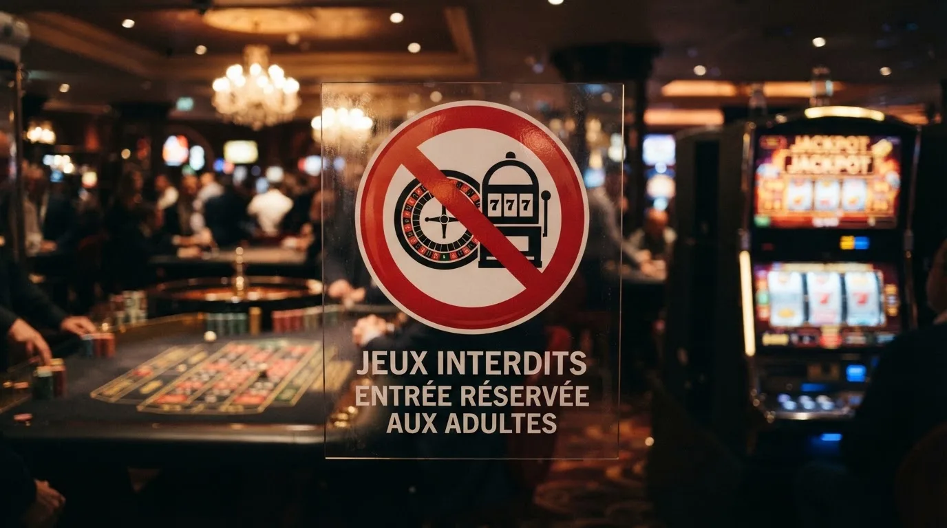 pictogramme d'interdiction superposé à une roulette et des machines à sous, illustrant l'interdiction du casino en ligne en France