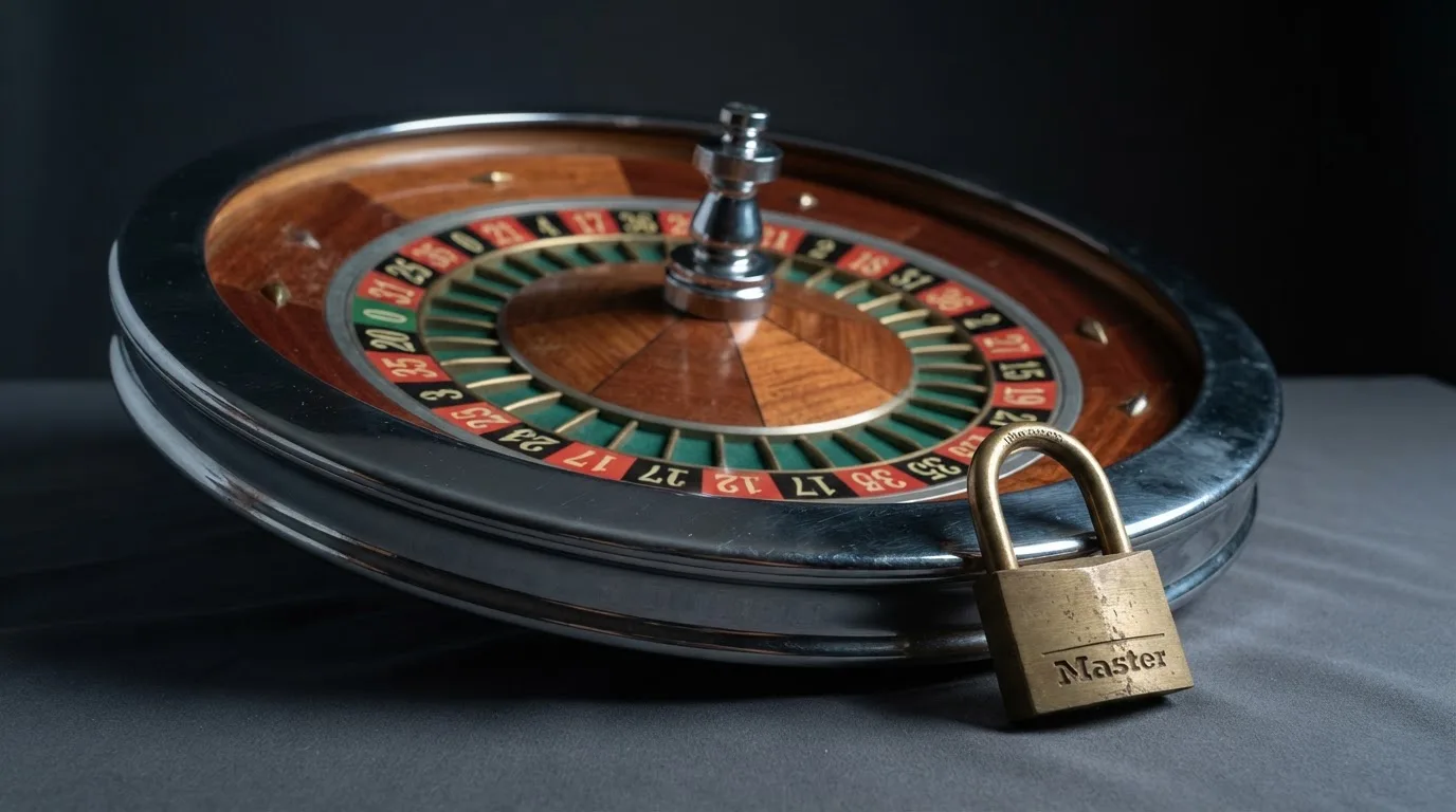 Le logo de l'Autorité nationale des jeux (ANJ) associé à un symbole d'interdiction sur fond de roulette de casino.