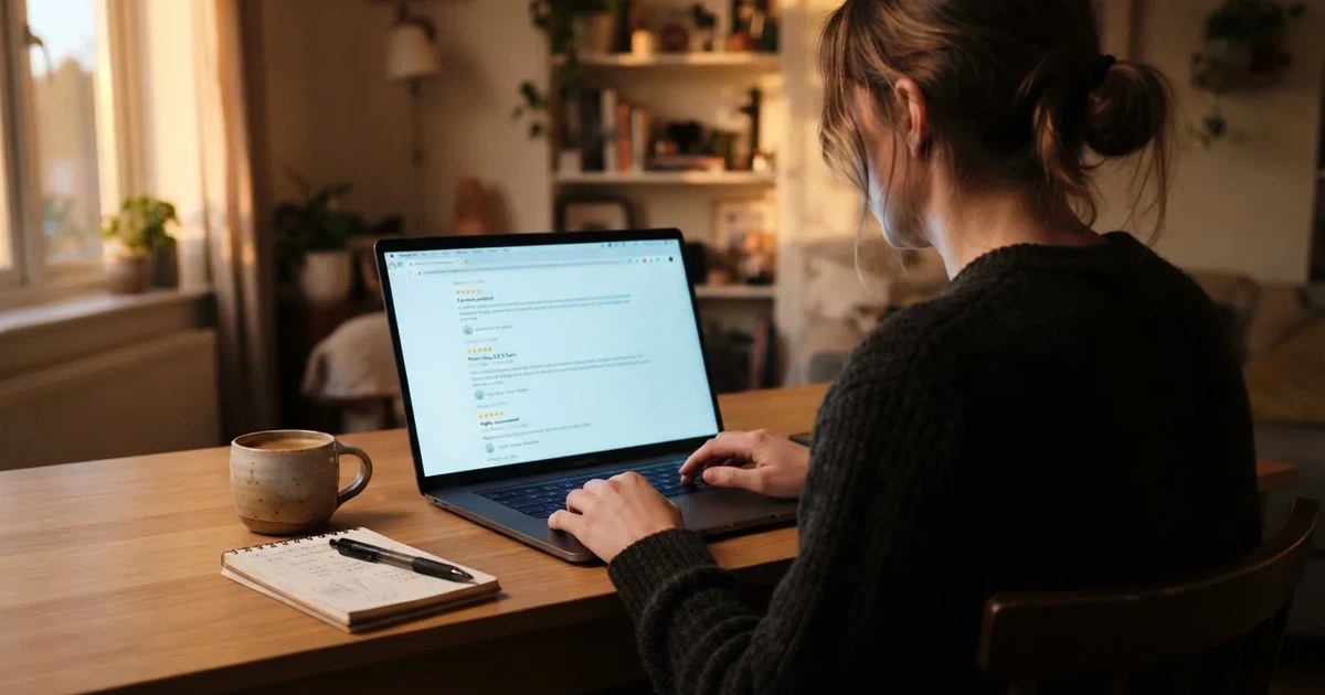 A person browsing several online casino review pages on a laptop at a home desk