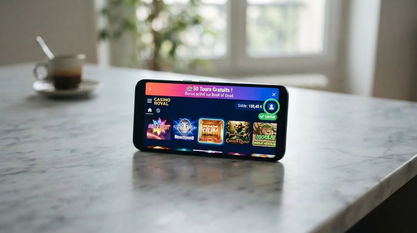 Écran de smartphone affichant l'interface mobile d'un casino en ligne avec une notification de tours gratuits