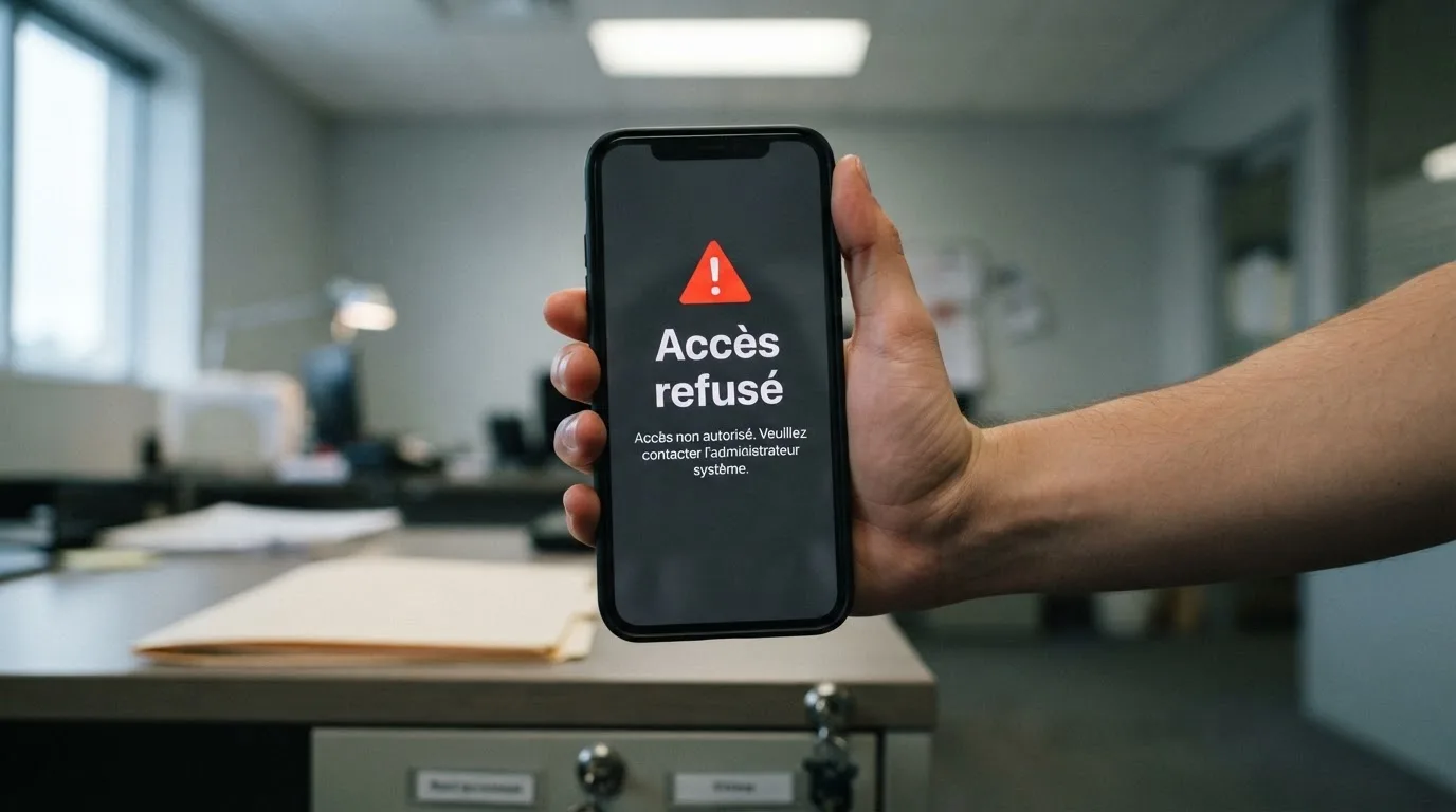 Main tenant un smartphone affichant un écran de blocage de site avec un message d'avertissement rouge, dans un décor évoquant un bureau administratif français.