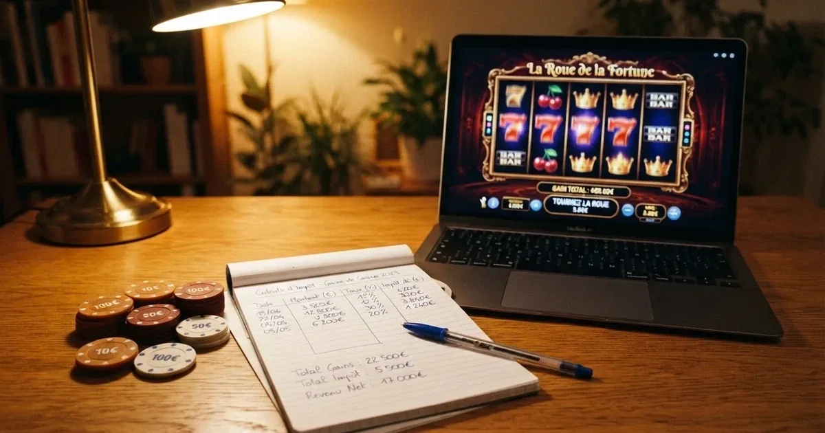Une calculatrice et une déclaration de revenus française posées à côté d'un écran affichant un jeu de casino en ligne