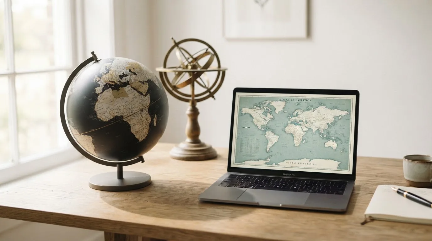 Un globe terrestre posé à côté d'un ordinateur portable affichant une carte du monde.