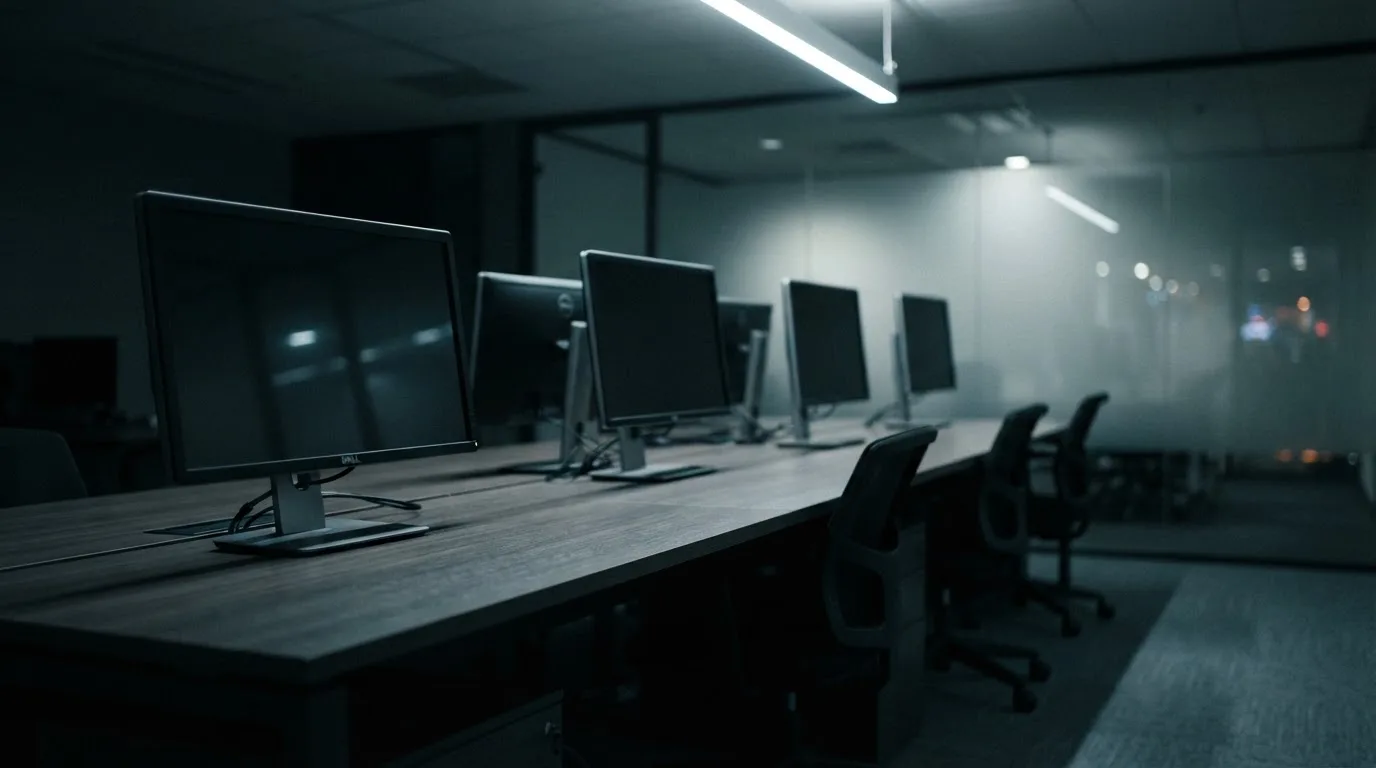 Une rangée d'écrans d'ordinateur éteints dans un bureau vide.