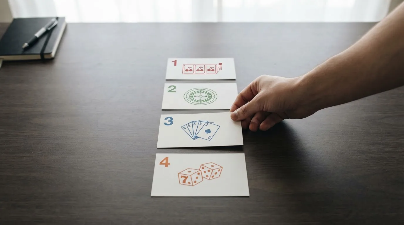 overhead flat-lay of a hand ranking printed casino logos on numbered cards on a desk