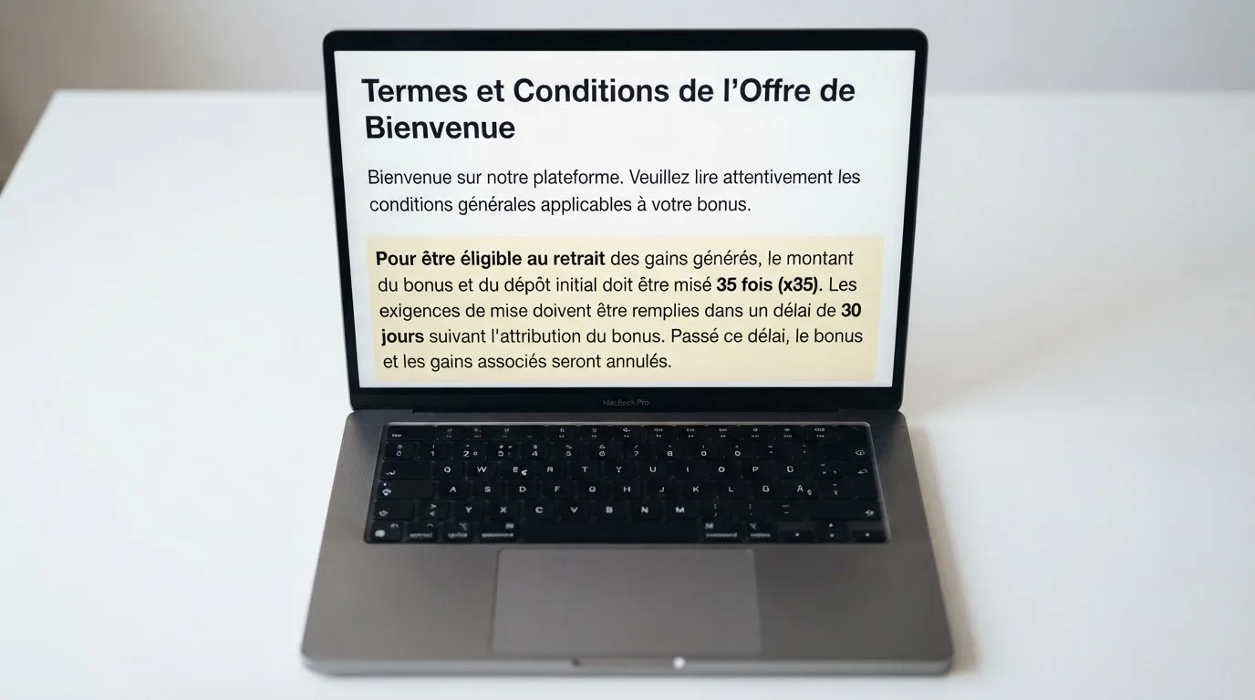 Capture d'ecran des conditions generales d'un bonus de bienvenue en ligne