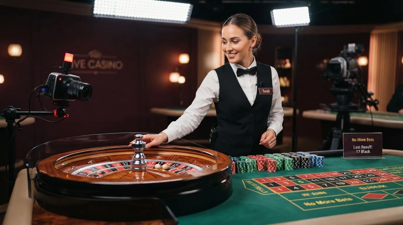 a live dealer standing at a roulette wheel under studio lighting, streaming camera visible above the table