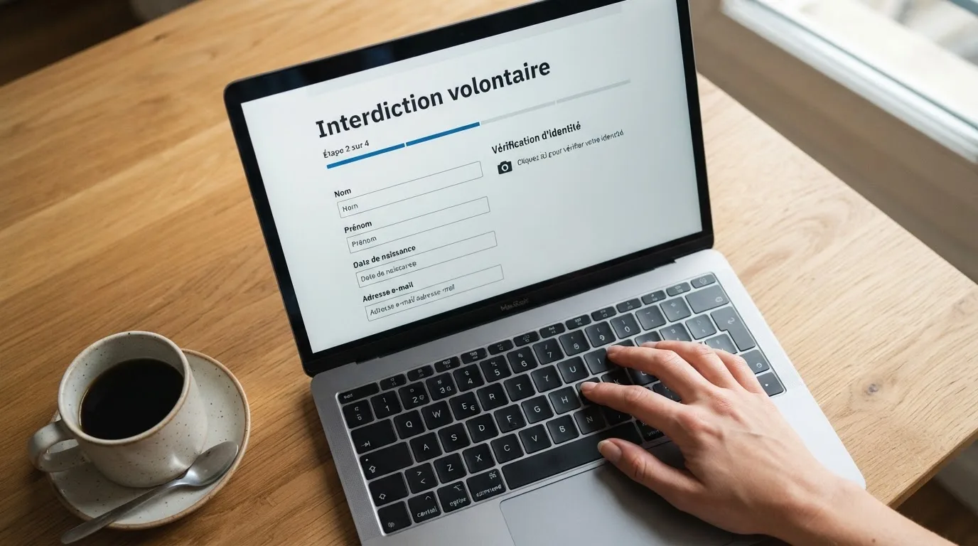 a laptop screen showing a government self-exclusion registration form with an identity-check step, no logos visible
