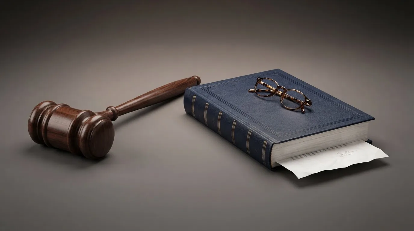 A gavel resting beside official regulatory documents on a wooden desk