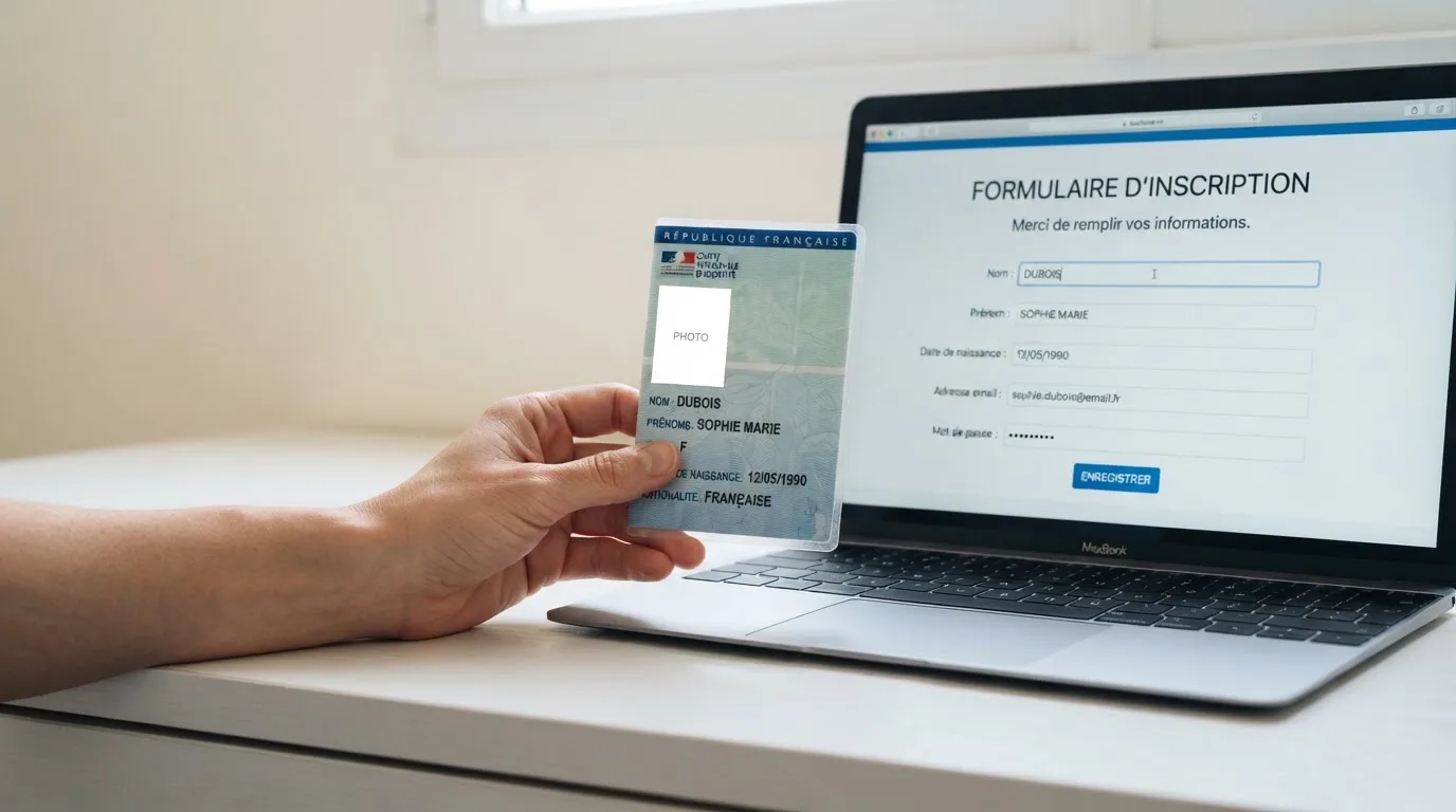 Close-up of a hand holding an identity document next to a laptop showing an online registration form