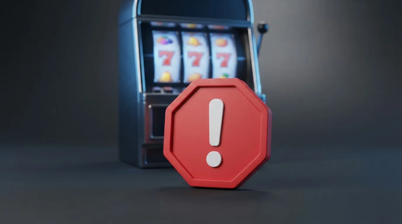 a red official-style stop/prohibition icon overlaid on a blurred casino slot-reel background