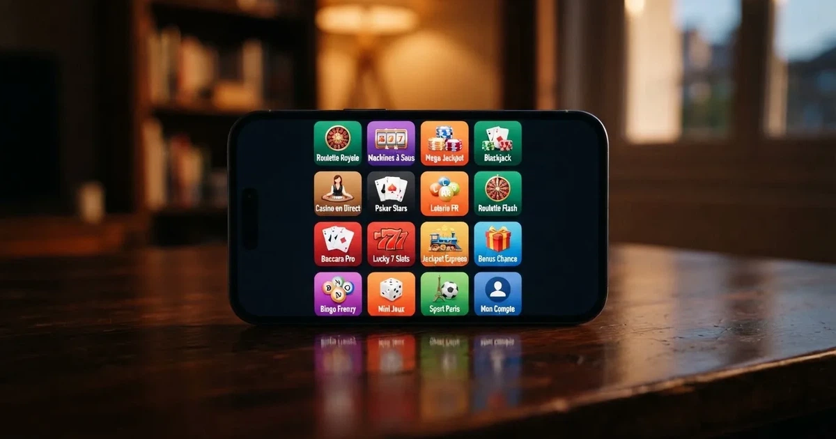 Écran de smartphone affichant une grille d'icônes d'applications de jeux, sans nom de marque lisible.