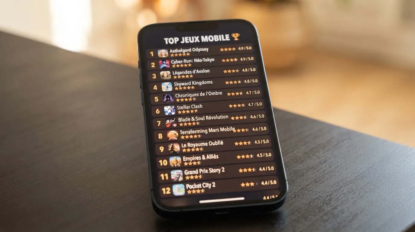 Liste de notes et d'étoiles affichée sur un écran, évoquant un classement d'applications sans nom de marque.