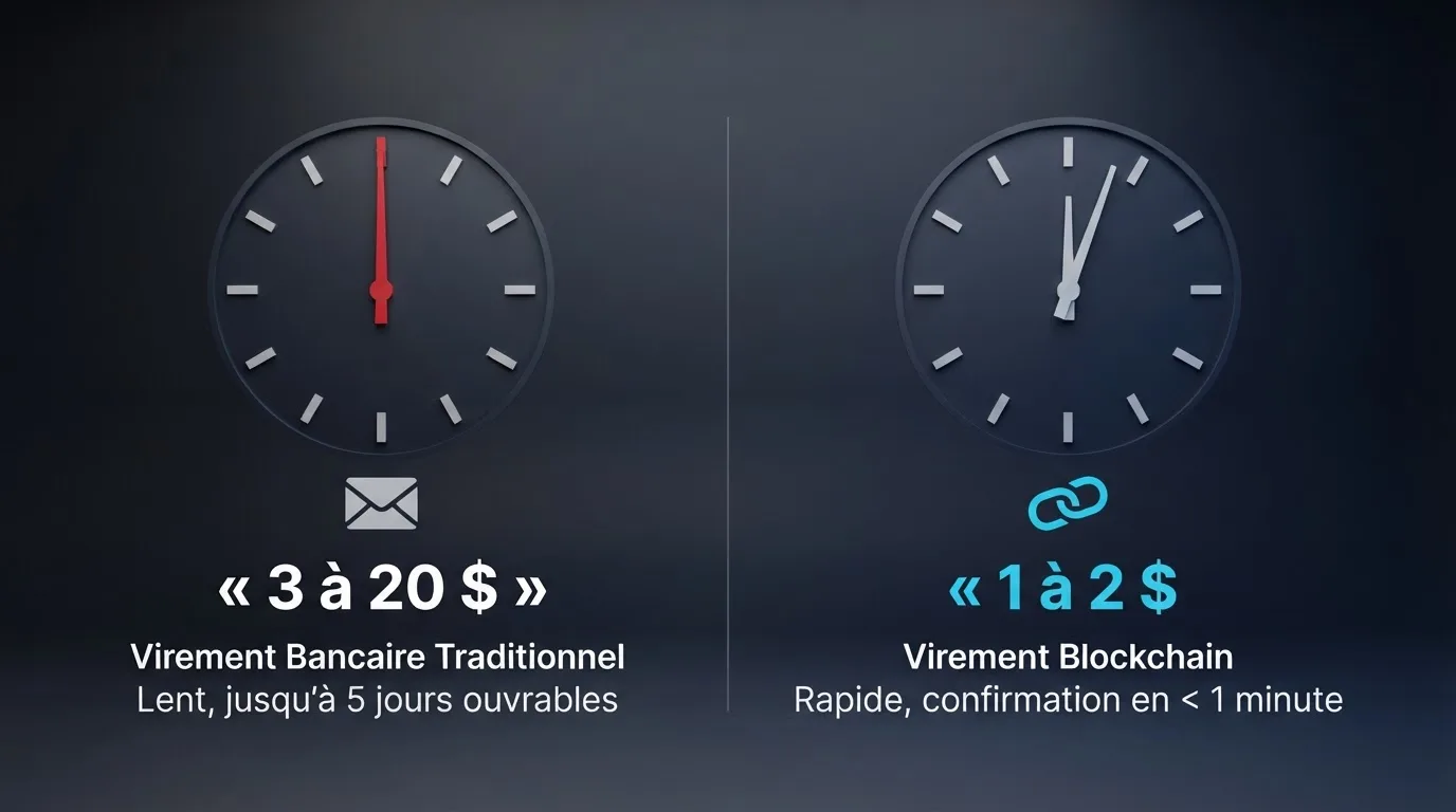 a split-screen graphic comparing a slow bank-transfer icon against a fast blockchain-transfer icon with a stopwatch