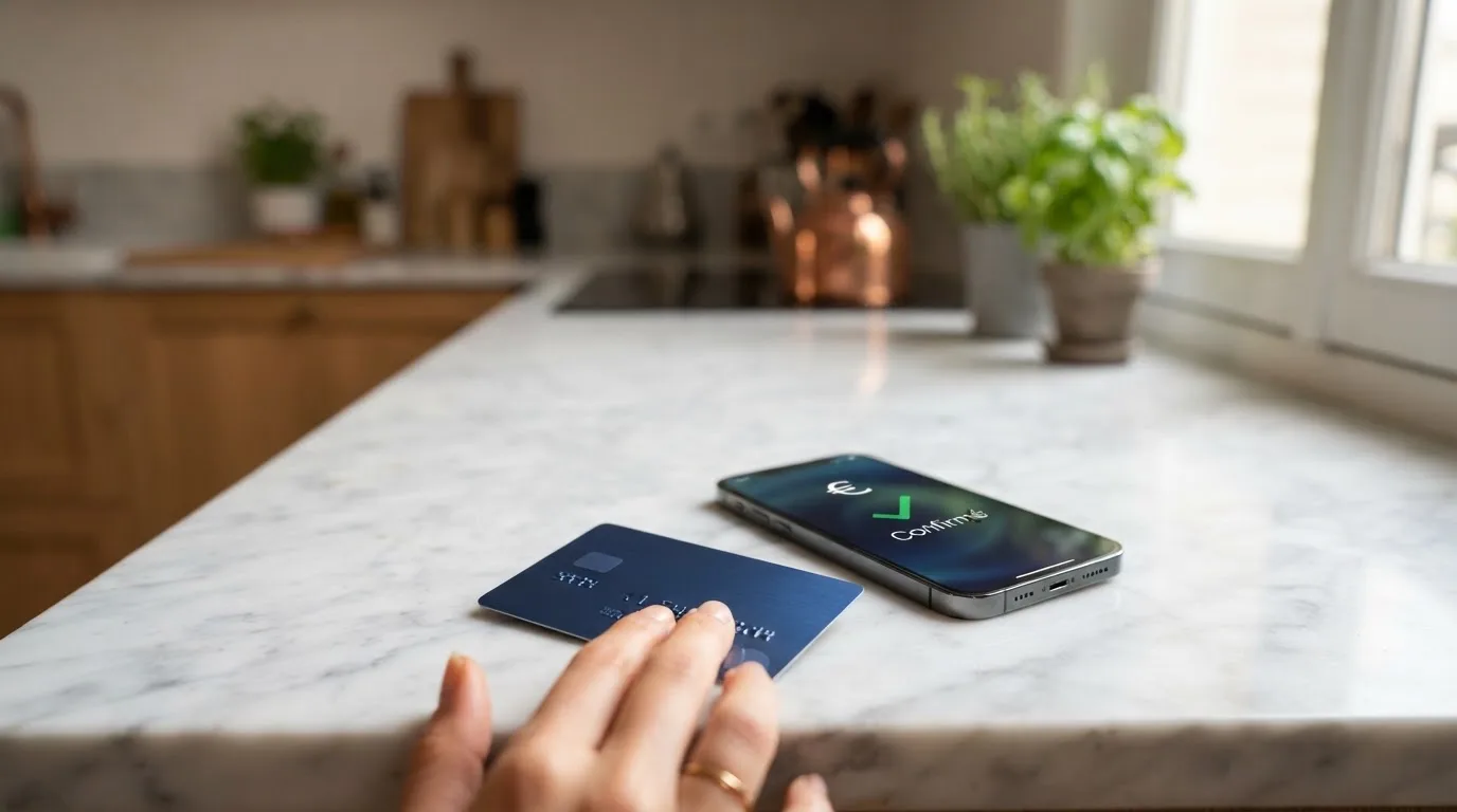 Close-up of a bank card and a smartphone displaying a payment confirmation screen
